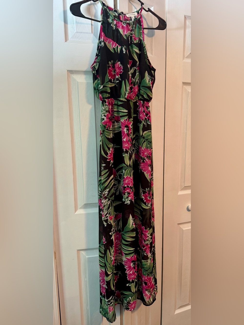 Sleeveless Black Floral Maxi Dress with Pink & Green Floral Print